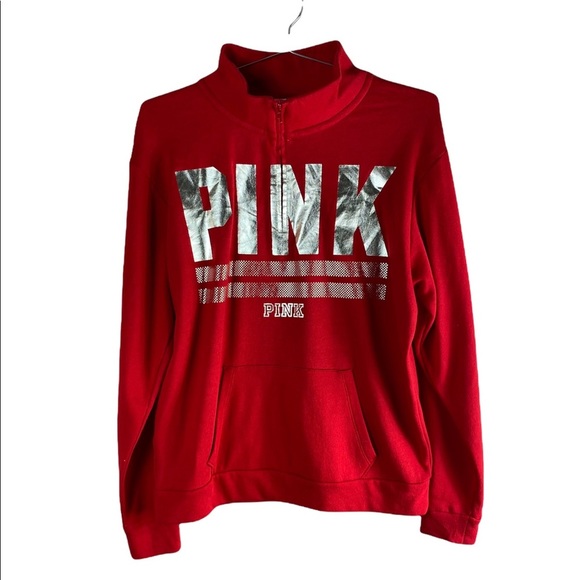 PINK Victoria's Secret Sweaters - Victoria's Secret PINK 1/4 Zip Gold Logo Sweatshirt  Cozy Top Red & Gold